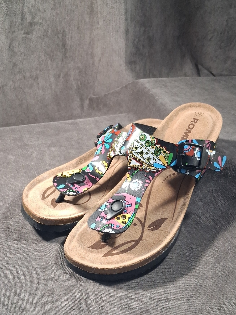 Romika Black with Psychdelic Florals Cork Wedge Thong Sandals NWOT EU39 US8-8.5